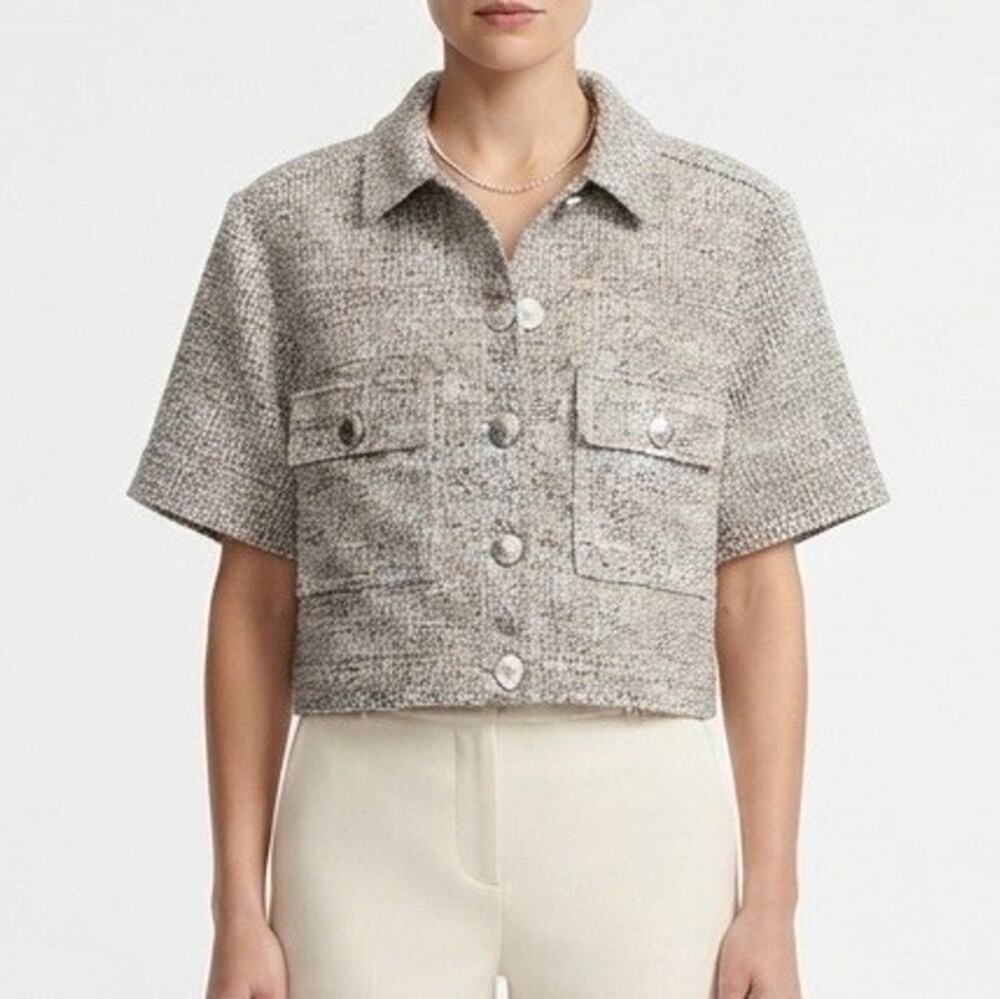LOFT Petites Women's Tweed Short Sleeve Button Front Crop Top Grey White SP Chic